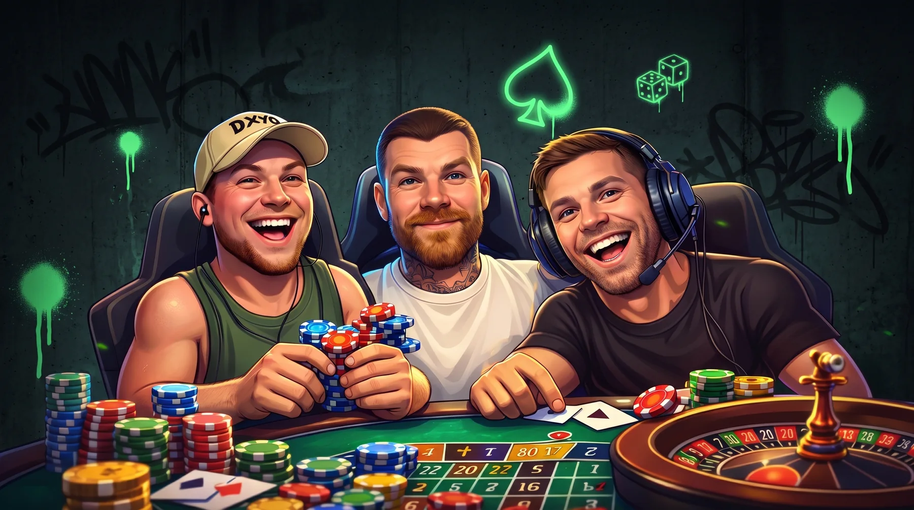 Illustrated portraits of the three SlotDen crew members at a casino table in the den